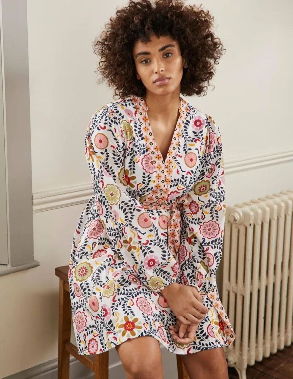 Boden Notch Neck Cotton Floral Dress Belted Fit & Flare D0098 Size 10R - Picture 3 of 13